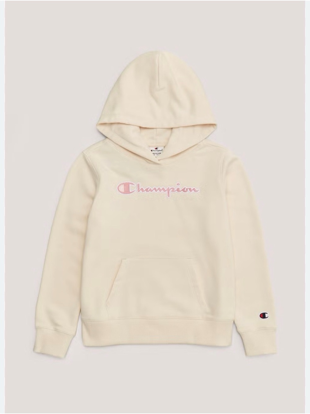 Champion Cream Hoodie with Navy and Red Logo Tag velour